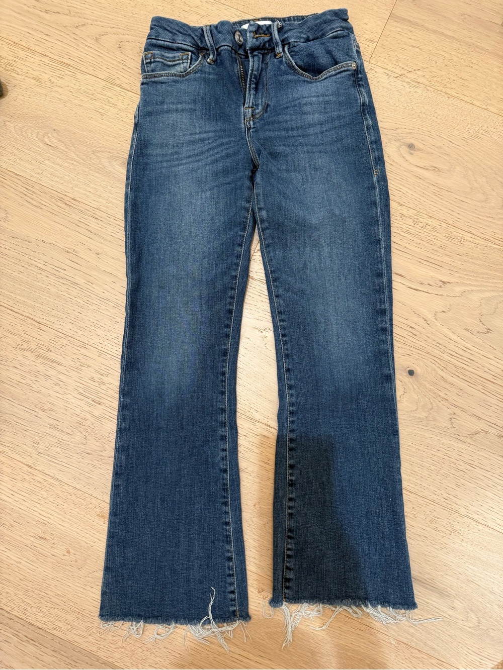 Frame Denim Blue Flare Jeans with Raw Hem